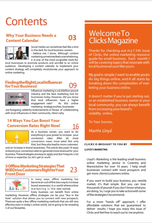 The Contents Page Of July'S Clicks Digital Marketing Magazine Uk